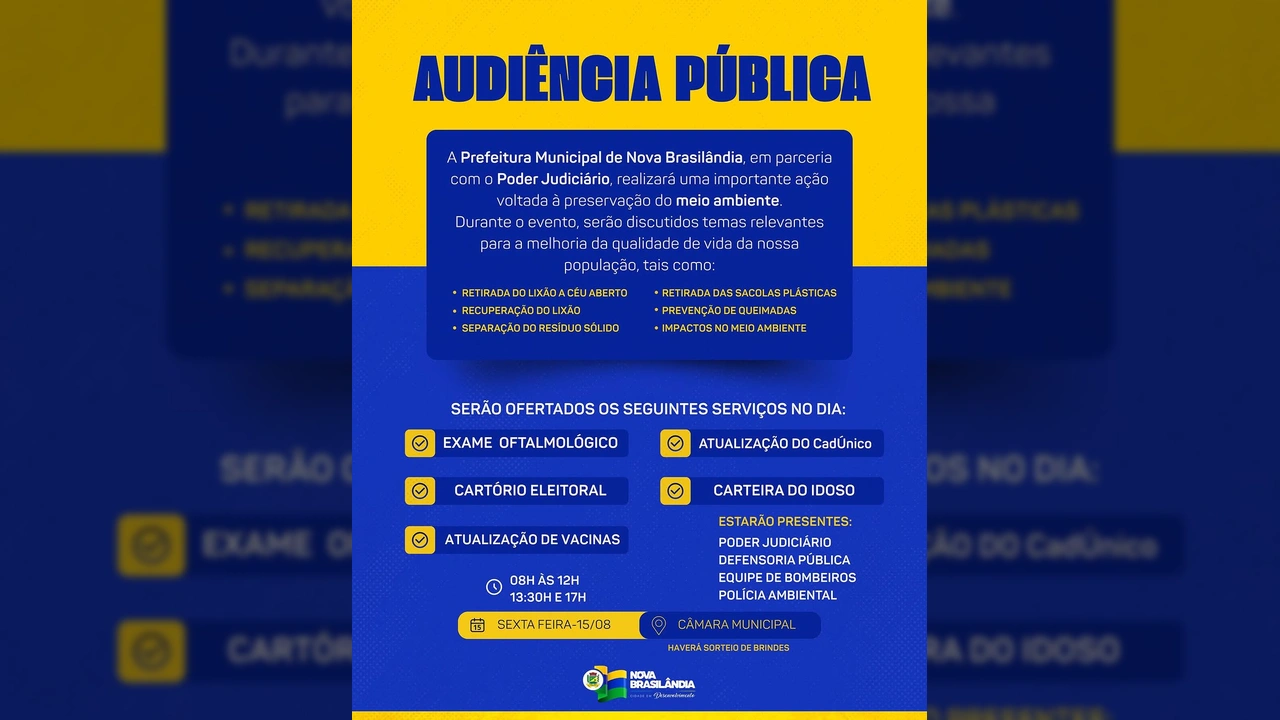 Cartaz anunciando Audiência Pública sobre o Meio Ambiente e oferta de serviços em Nova Brasilândia. Créditos: Prefeitura de Nova Brasilândia / Instagram.