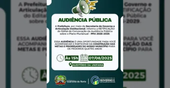 Imagem ilustrativa de megafone e texto sobre Audiência Pública em Guarantã do Norte, divulgada por Prefeitura Municipal de Guarantã do Norte.