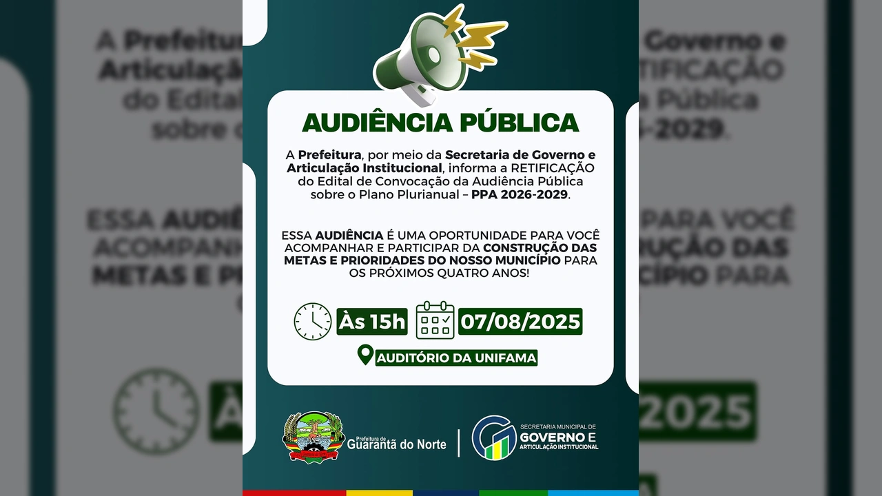 Imagem ilustrativa de megafone e texto sobre Audiência Pública em Guarantã do Norte, divulgada por Prefeitura Municipal de Guarantã do Norte.