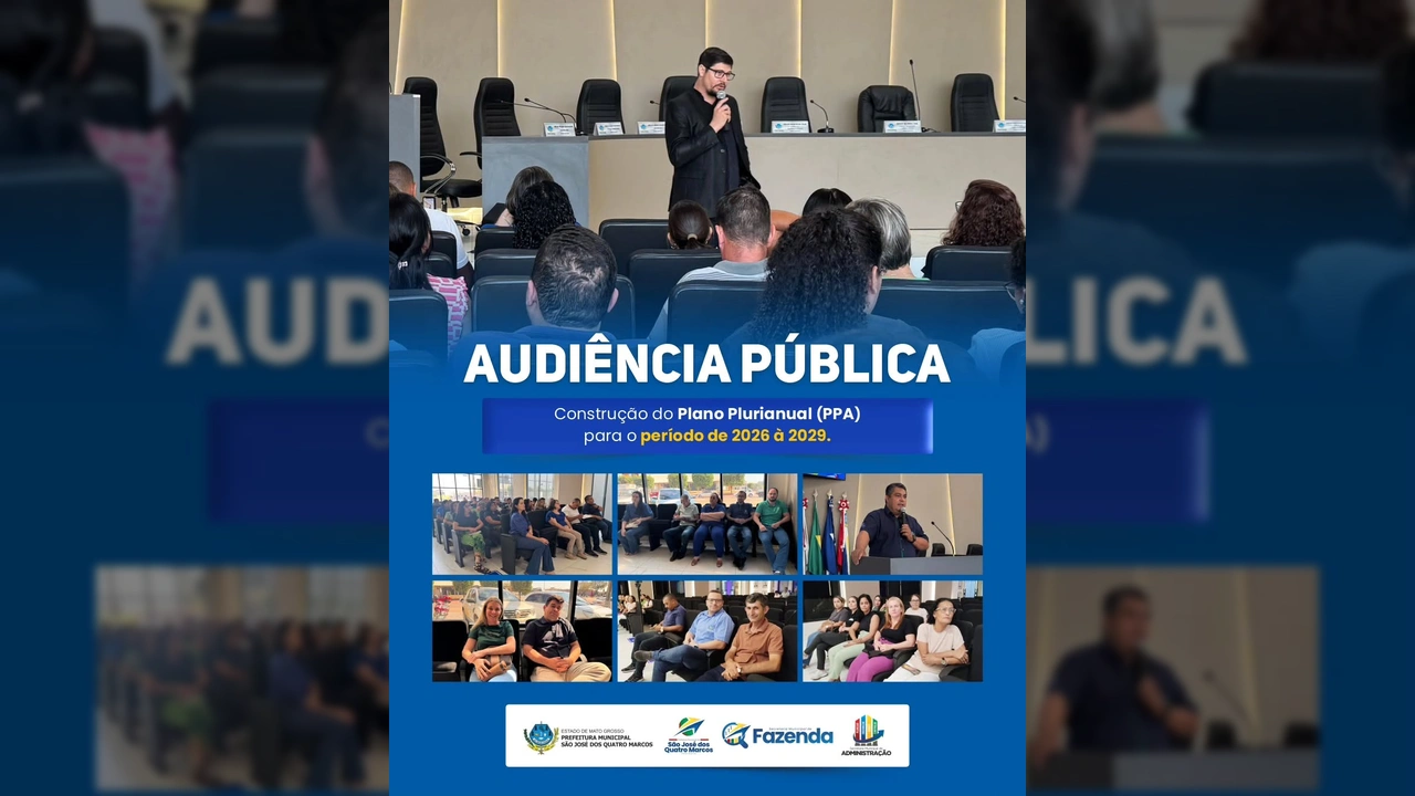 Pessoas participando da Audiência Pública do Plano Plurianual (PPA) 2026-2029 em São José dos Quatro Marcos, com o prefeito ou representante discursando. Créditos: Prefeitura de São José dos Quatro Marcos / Instagram