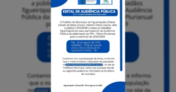 Imagem de divulgação da Audiência Pública para o Plano Plurianual em Figueirópolis D'Oeste, com detalhes sobre data, horário e local, crédito ao Instagram prefeituradefigueiropolis