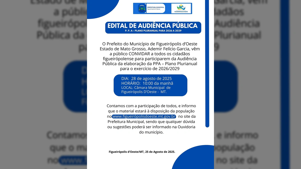 Imagem de divulgação da Audiência Pública para o Plano Plurianual em Figueirópolis D'Oeste, com detalhes sobre data, horário e local, crédito ao Instagram prefeituradefigueiropolis