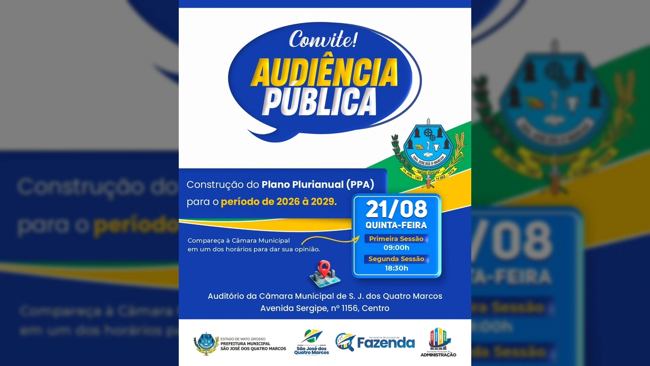 Imagem de convite para audiência pública sobre o PPA 2026-2029 em São José dos Quatro Marcos. Créditos: Prefeitura de São José dos Quatro Marcos / Instagram.
