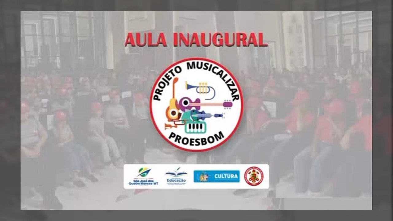 Imagem da aula inaugural do Projeto Musicalizar em São José dos Quatro Marcos com alunos e autoridades. Créditos: Prefeitura de São José dos Quatro Marcos / Instagram.