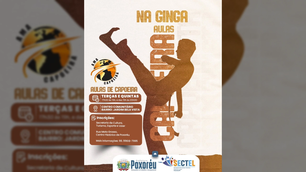 Pessoas praticando capoeira em silhueta, divulgando aulas gratuitas da Prefeitura de Poxoréu / Instagram @prefpoxoreu