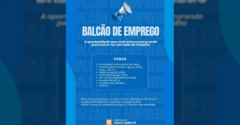 Anúncio de vagas de emprego do Balcão de Emprego de Nova Ubiratã, com um megafone e o texto "Balcão de Emprego". Crédito: Prefeitura Municipal de Nova Ubiratã.
