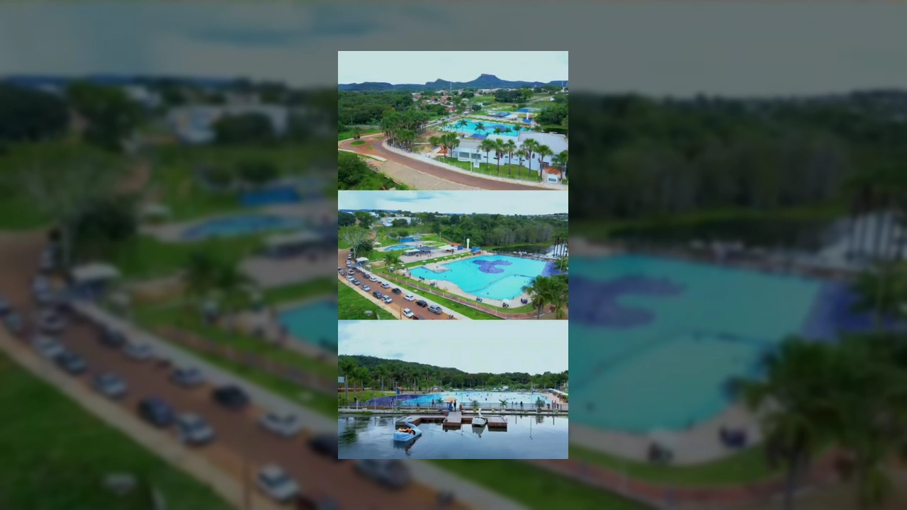 Foto aérea do Balneário Lagoa em Poxoréu, com piscinas e áreas de lazer. Crédito: @balneariolagoapox / Instagram