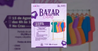 Imagem promocional do Bazar Lilás em Alto Taquari, mostrando roupas penduradas em um varal e detalhes sobre o evento. Crédito: Instagram @prefeituraaltotaquari.