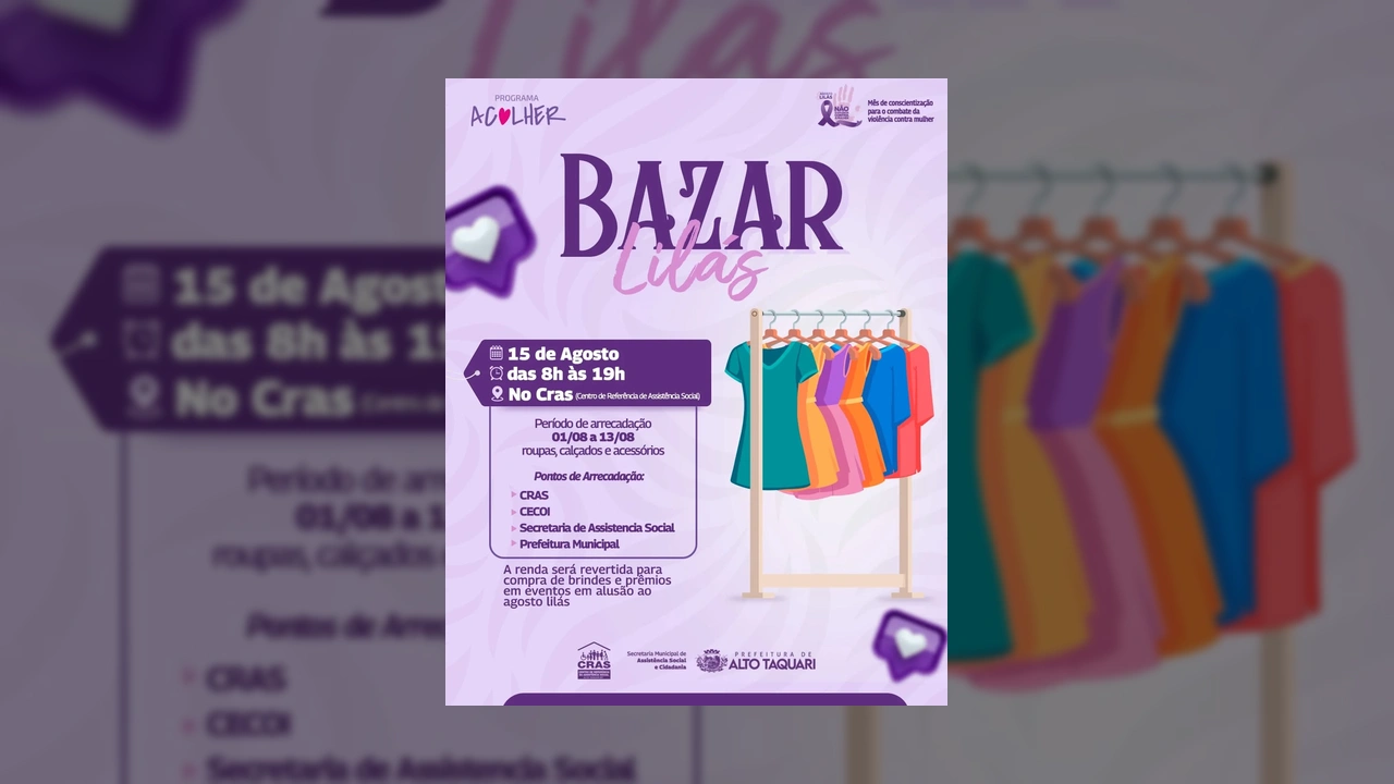 Imagem promocional do Bazar Lilás em Alto Taquari, mostrando roupas penduradas em um varal e detalhes sobre o evento. Crédito: Instagram @prefeituraaltotaquari.