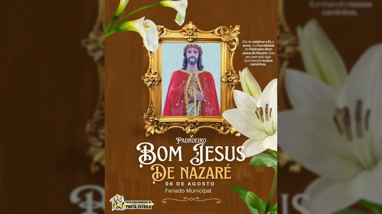 Imagem do Padroeiro Bom Jesus de Nazaré em moldura dourada, com flores brancas, comemorando o feriado municipal de Porto Estrela. Créditos: Prefeitura de Porto Estrela-MT / Instagram.