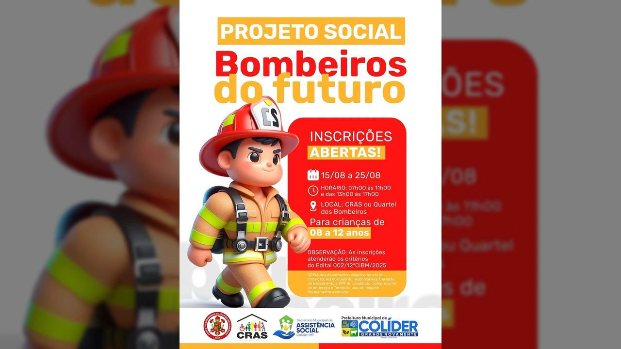 Ilustração de uma criança vestida de bombeiro, símbolo do Projeto Bombeiros do Futuro em Colíder. Créditos: Prefeitura de Colíder.