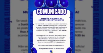 Ilustração com megafones e texto 'COMUNICADO' da Justiça Eleitoral, convocando para o cadastro biométrico em Nova Olímpia. Crédito: Prefeitura de Nova Olímpia / Instagram.