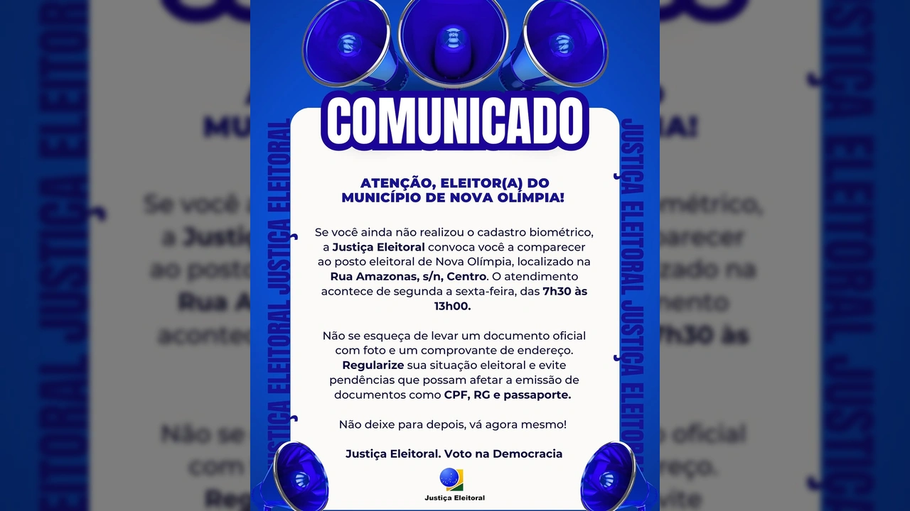Ilustração com megafones e texto 'COMUNICADO' da Justiça Eleitoral, convocando para o cadastro biométrico em Nova Olímpia. Crédito: Prefeitura de Nova Olímpia / Instagram.