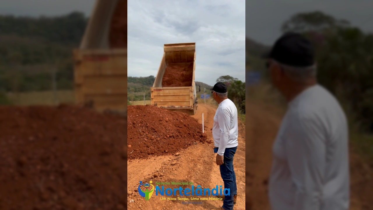 Imagens da obra de pavimentação asfáltica na estrada vicinal do Assentamento Nossa Terra Nossa Gente, Nortelândia, com caminhões e equipes trabalhando, pela Prefeitura Municipal De Nortelândia / Instagram.