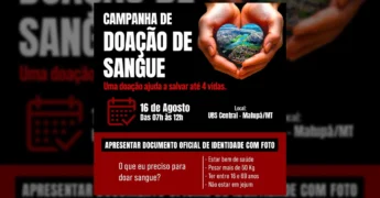 Campanha de doação de sangue em Matupá, com mãos segurando um coração que representa a cidade. Crédito: Prefeitura_Matupá.