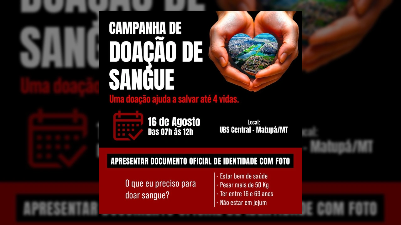 Campanha de doação de sangue em Matupá, com mãos segurando um coração que representa a cidade. Crédito: Prefeitura_Matupá.