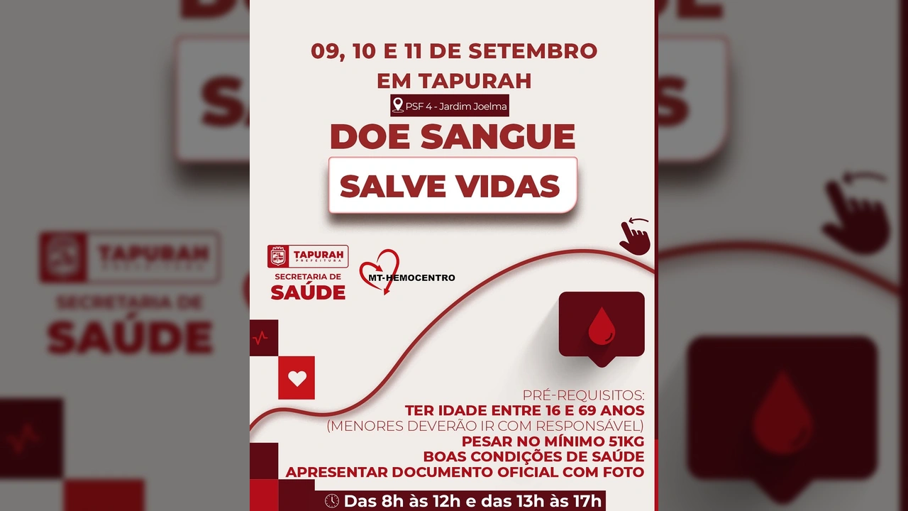 Imagem de campanha de doação de sangue em Tapurah com informações de datas e local / Prefeitura de Tapurah no Instagram