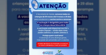 Imagem ilustrativa da campanha de vacinação obrigatória contra o sarampo em São José dos Quatro Marcos para crianças, cortesia da Prefeitura de São José dos Quatro Marcos no Instagram.