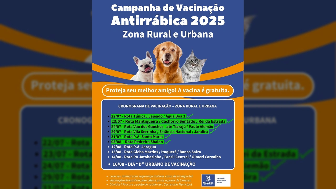 Imagem de cães e gatos ilustrando a campanha de vacinação antirrábica em Água Boa, Mato Grosso, com o logo da Prefeitura de Água Boa-MT, créditos ao Instagram do autor original