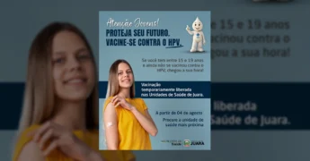 Jovem com curativo no braço após receber a vacina do HPV, em campanha da Prefeitura de Juara / Instagram.