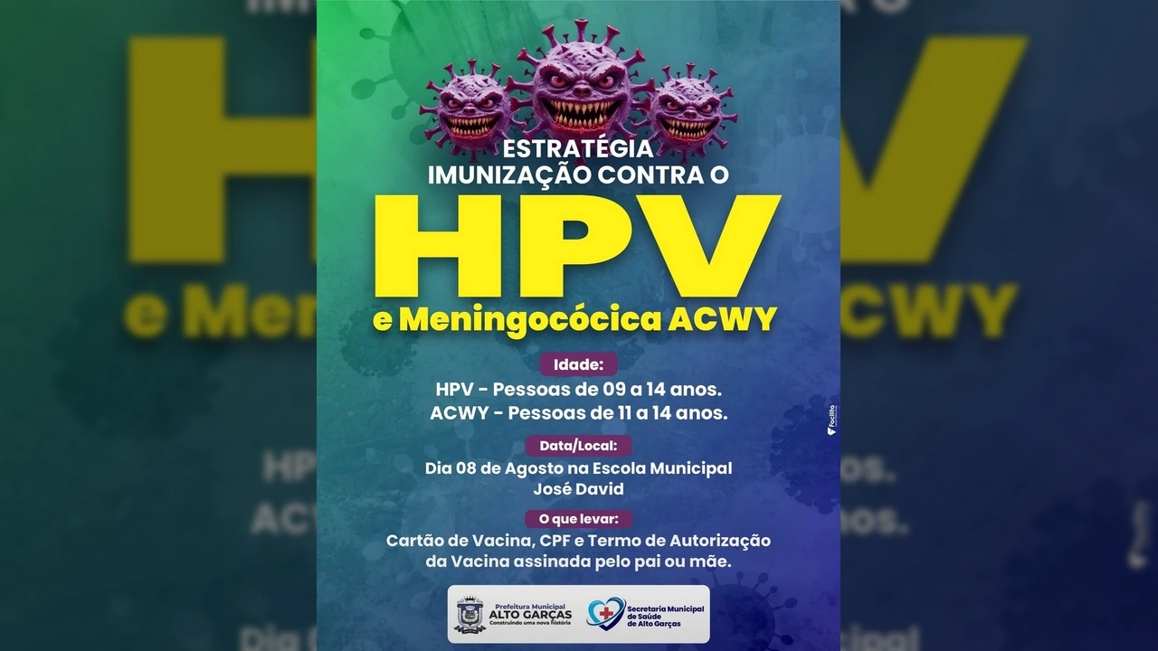 Imagem da campanha de imunização contra HPV e Meningocócica ACWY em Alto Garças. Crédito: Prefeitura Municipal de Alto Garças / Instagram.