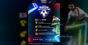 Banner de divulgação do 15º Campeonato Municipal Sicredi/Martinello de Futebol Amador em Lucas do Rio Verde, com imagem de um jogador e informações sobre inscrições e prêmios. Crédito: Secretaria de Esporte e Lazer de Lucas do Rio Verde / Instagram.