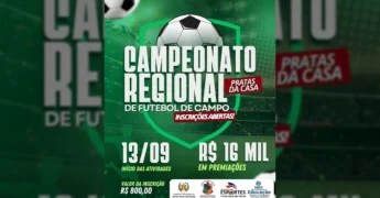 Banner anunciando o Campeonato Regional de Futebol de Campo em Terra Nova do Norte com bolas de futebol e valores de premiação e inscrição. Crédito: Prefeitura de Terra Nova do Norte / Instagram.