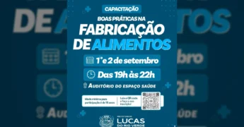 Banner azul escuro anunciando a capacitação em Boas Práticas na Fabricação de Alimentos, com datas e horários, pela Secretaria de Saúde de Lucas do Rio Verde/MT.