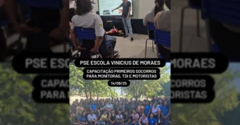 Imagem de treinamento de primeiros socorros na Escola Vinícius de Morais em Tapurah, com a Enfermeira Mayra e participantes. Créditos: saudetapurah / Instagram.