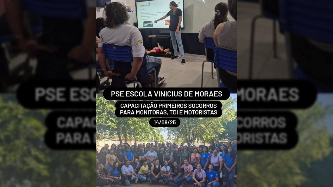 Imagem de treinamento de primeiros socorros na Escola Vinícius de Morais em Tapurah, com a Enfermeira Mayra e participantes. Créditos: saudetapurah / Instagram.