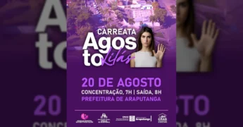 Mulher com a mão levantada em sinal de 'pare' em cartaz sobre a Carreata Agosto Lilás em Araputanga, evento contra a violência à mulher. Crédito: Prefeitura de Araputanga / Instagram.