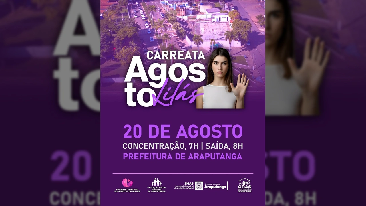 Mulher com a mão levantada em sinal de 'pare' em cartaz sobre a Carreata Agosto Lilás em Araputanga, evento contra a violência à mulher. Crédito: Prefeitura de Araputanga / Instagram.