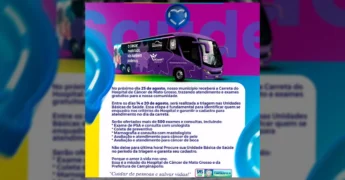 Ônibus roxo da Carreta da Saúde do Hospital de Câncer de Mato Grosso em Campinápolis. Créditos: Prefeitura de Campinápolis / Instagram.