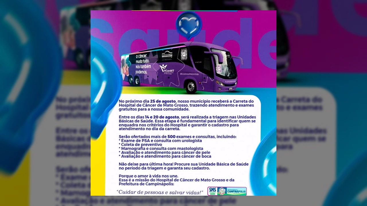 Ônibus roxo da Carreta da Saúde do Hospital de Câncer de Mato Grosso em Campinápolis. Créditos: Prefeitura de Campinápolis / Instagram.
