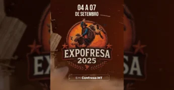 Imagem promocional da Expofresa 2025 em Confresa-MT, mostrando um peão montando um touro e as datas do evento. Crédito: expofresaoficial / Instagram.