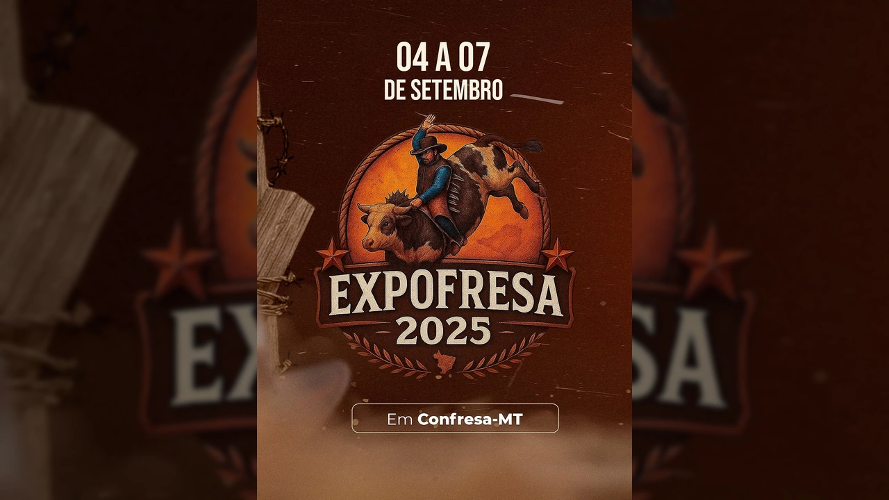 Imagem promocional da Expofresa 2025 em Confresa-MT, mostrando um peão montando um touro e as datas do evento. Crédito: expofresaoficial / Instagram.