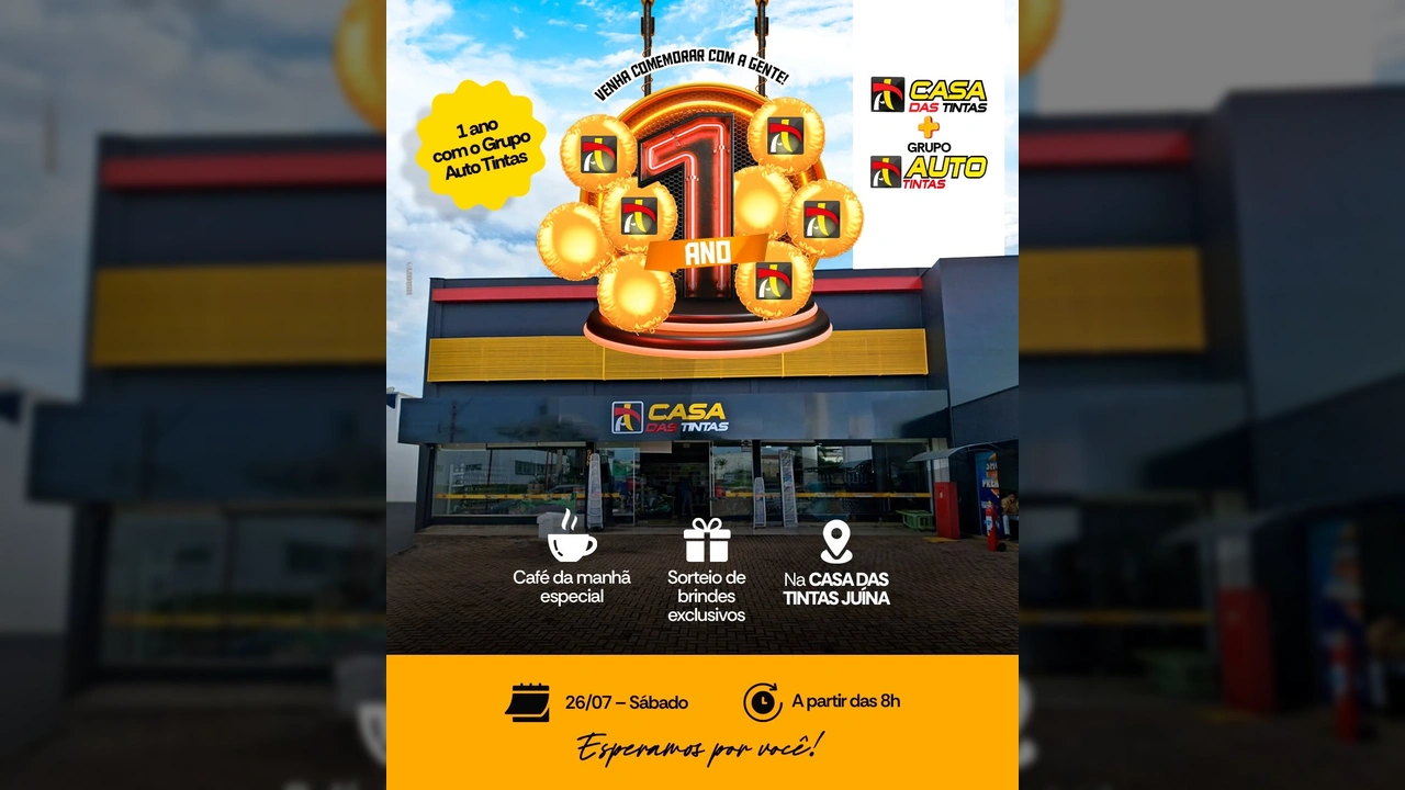Fachada da loja Casa das Tintas Juína com balões dourados e o número 1 em destaque, representando o primeiro ano de parceria com o Grupo Auto Tintas. Créditos: Instagram @casadastintasjuina