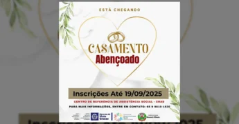 Casamento Abençoado em Mirassol D'Oeste com anéis de casamento e texto 'ESTÁ CHEGANDO CASAMENTO Abençoado', informando inscrições até 19/09/2025 e contato para informações. Créditos: Prefeitura de Mirassol d'Oeste - MT / Instagram.