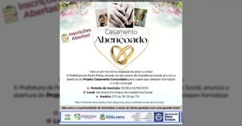 Imagem principal do anúncio do Casamento Abençoado da Prefeitura de Pedra Preta-MT, com foco em alianças.