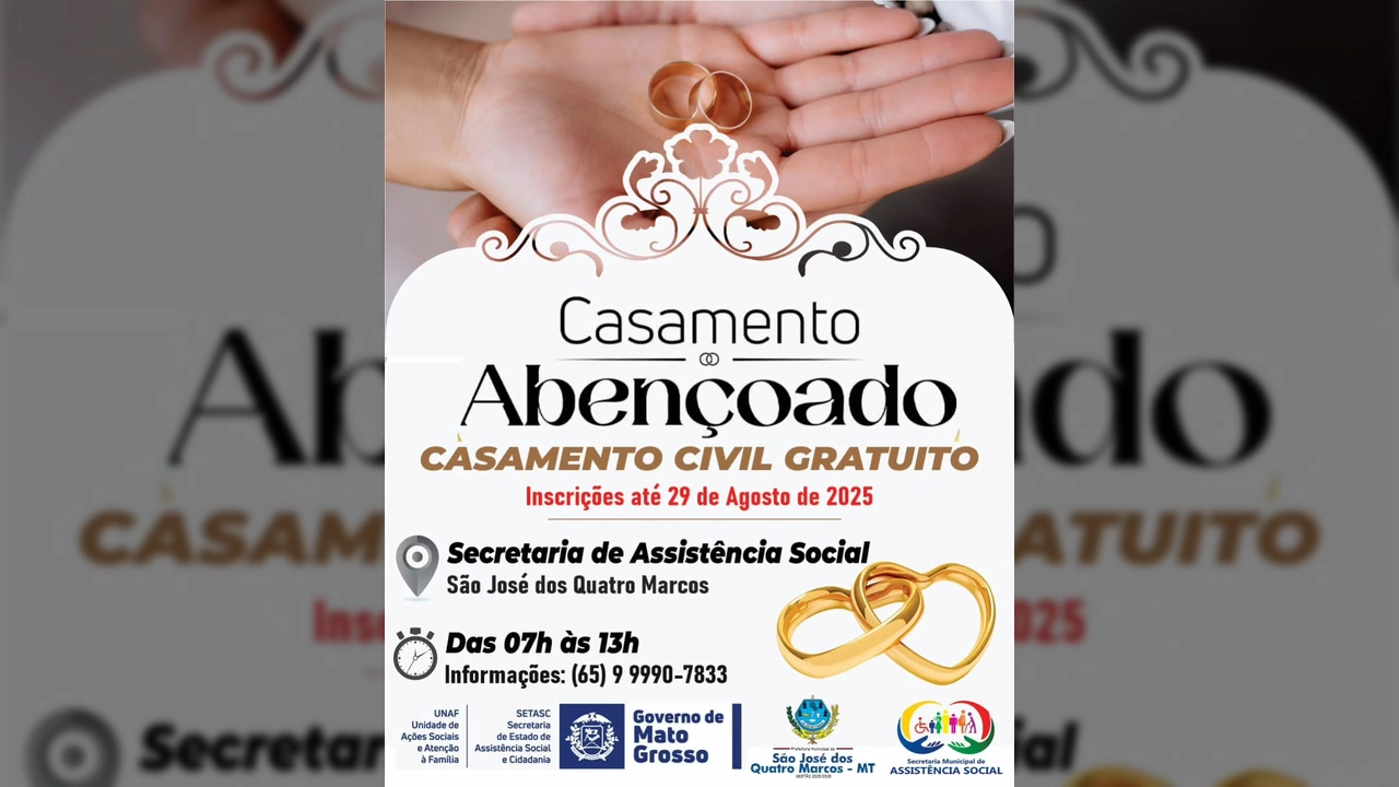 Mãos segurando alianças douradas com o título "Casamento Abençoado" e detalhes sobre o programa de casamento civil gratuito em São José dos Quatro Marcos. Créditos: Instagram prefeituradequatromarcos.