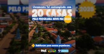 Vista aérea de Nossa Senhora do Livramento com anúncio de 20 casas do Novo PAC 2025. Imagem da Prefeitura de Livramento no Instagram.