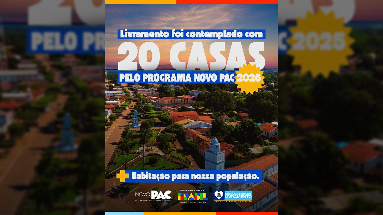 Vista aérea de Nossa Senhora do Livramento com anúncio de 20 casas do Novo PAC 2025. Imagem da Prefeitura de Livramento no Instagram.