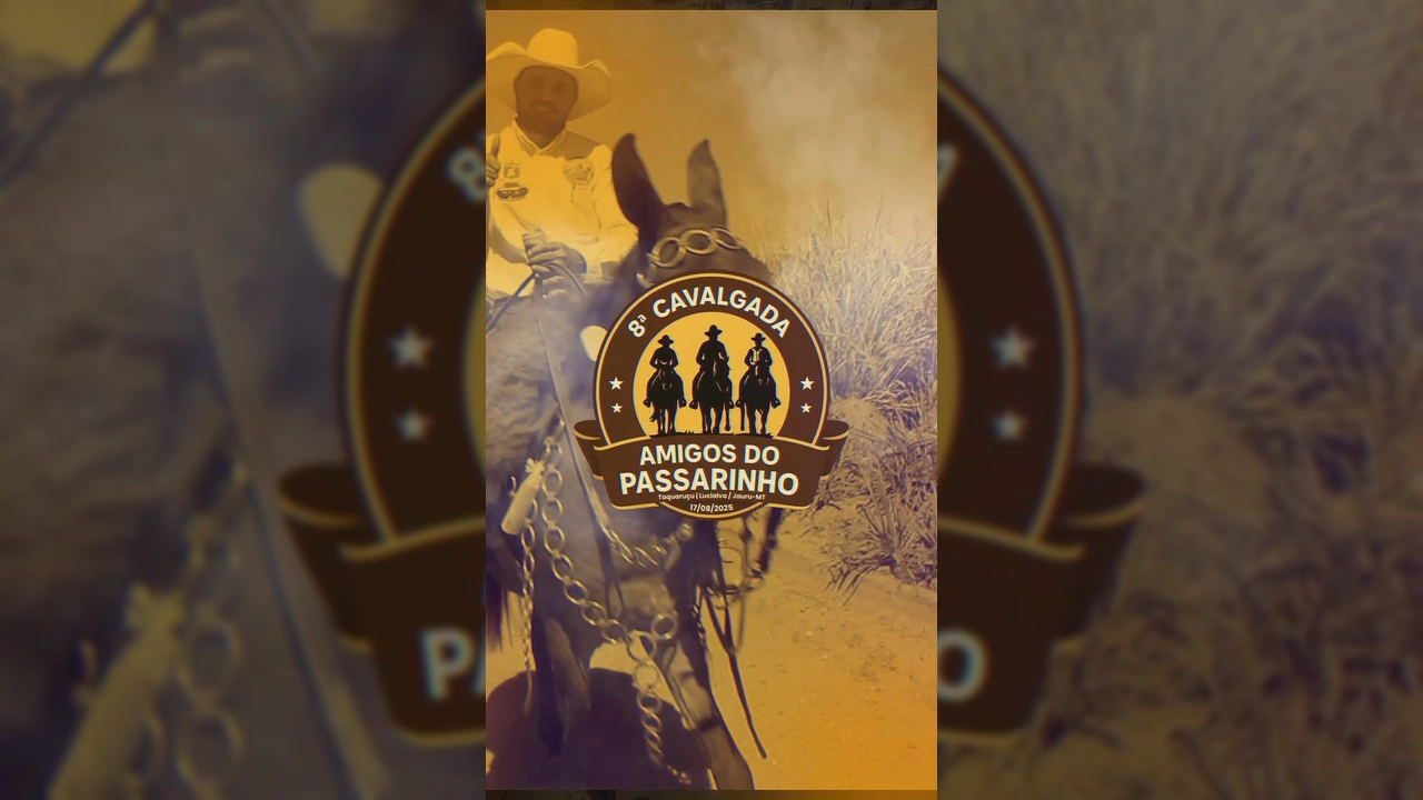 Cavalgada Amigos do Passarinho em Jauru, Mato Grosso, com participantes a cavalo. Crédito: @prefeitopassarinho / Instagram