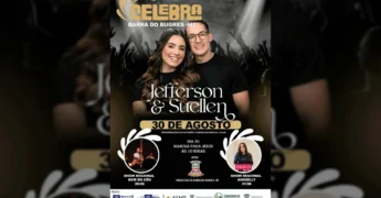 Imagem do cartaz do evento Celebra Barra do Bugres, mostrando Jefferson & Suellen, a data 30 de agosto e os shows regionais. Créditos: Prefeitura de Barra do Bugres / Instagram.