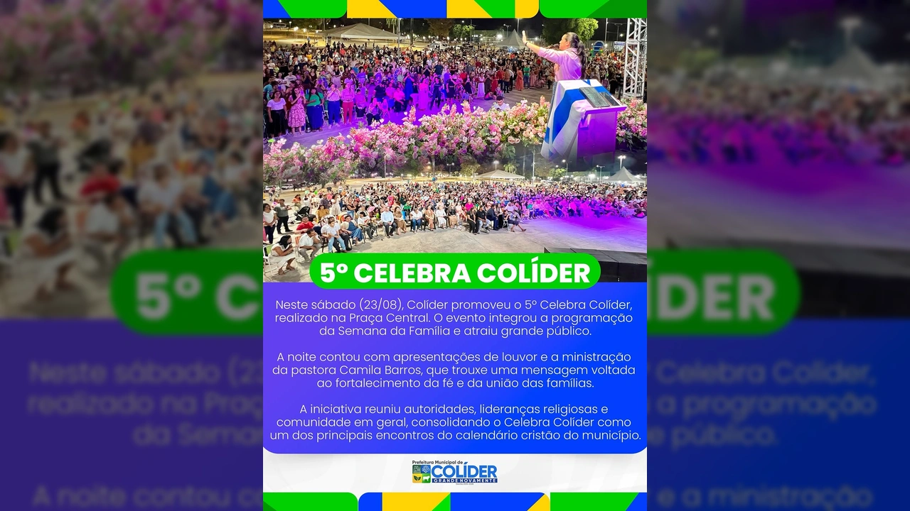 Multidão reunida na Praça Central de Colíder para o 5º Celebra Colíder com a Pastora Camila Barros. Créditos: Prefeitura de Colíder / Instagram.