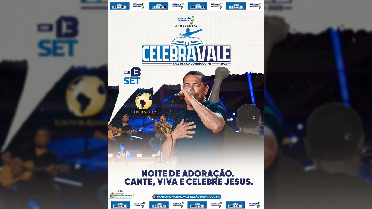 Banner do evento Celebra Vale 2025 em Vale de São Domingos, apresentando o grupo Louvor Aliança e a data de 13 de setembro. Crédito: Prefeitura Municipal de Vale de São Domingos / Instagram.