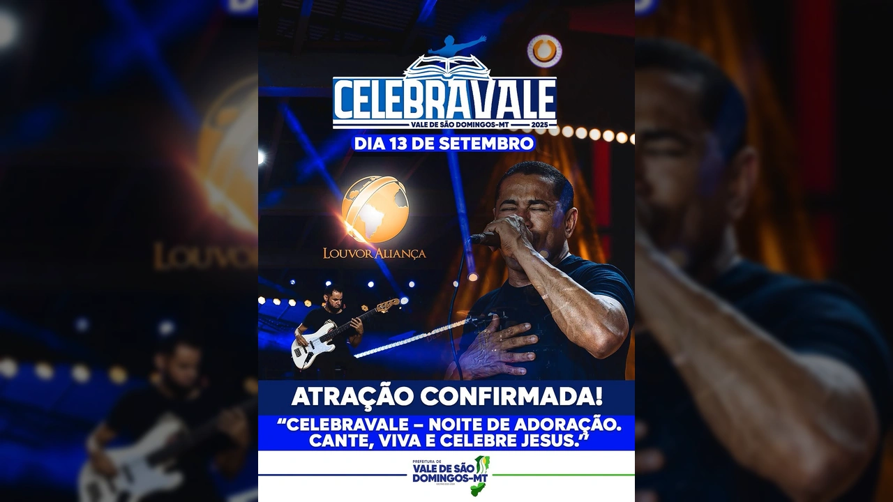Imagem do cantor do Ministério Louvor Aliança e detalhes do evento CelebraVale 2025 em Vale de São Domingos, Mato Grosso. Créditos à Prefeitura de Vale de São Domingos / Instagram.