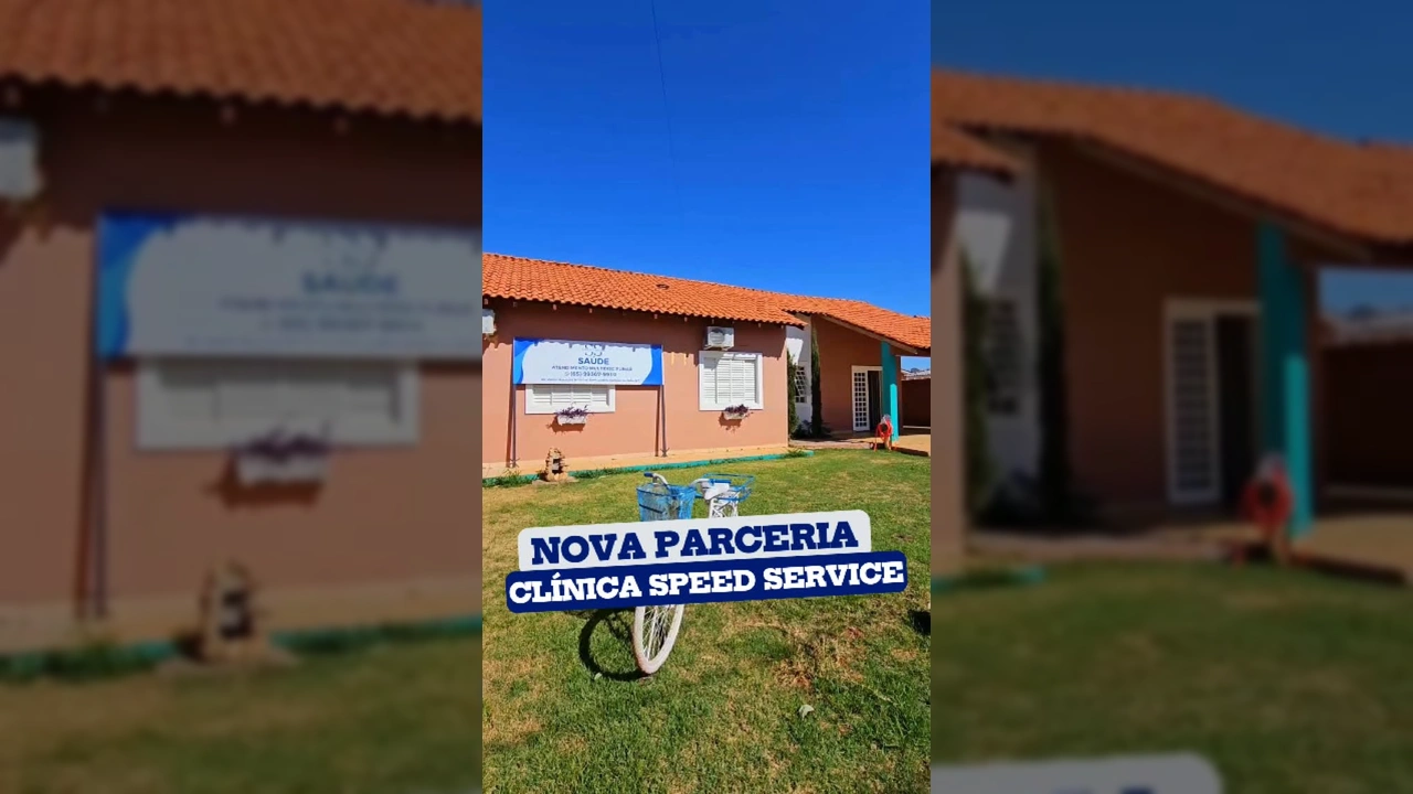 Fachada da Clínica Speed Saúde em Campos de Júlio, parceira da Secretaria Municipal de Saúde, sob um céu azul. Créditos: Prefeitura Municipal de Campos de Júlio - MT / Instagram