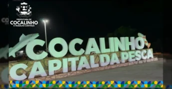 Vista noturna do Monumento ‘Capital da Pesca’ em Cocalinho, com autoridades e moradores. Créditos: Prefeitura de Cocalinho.