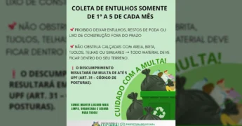 Ilustração de sacos de lixo e lixeira com símbolo de reciclagem, com texto sobre novas regras de coleta de entulhos e multas em Luciara. Crédito: Prefeitura Municipal de Luciara.